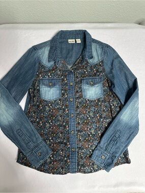 Mudd Denim Button Down Shirt Ditsy Floral Patchwork Western Boho Cowgirl Size M